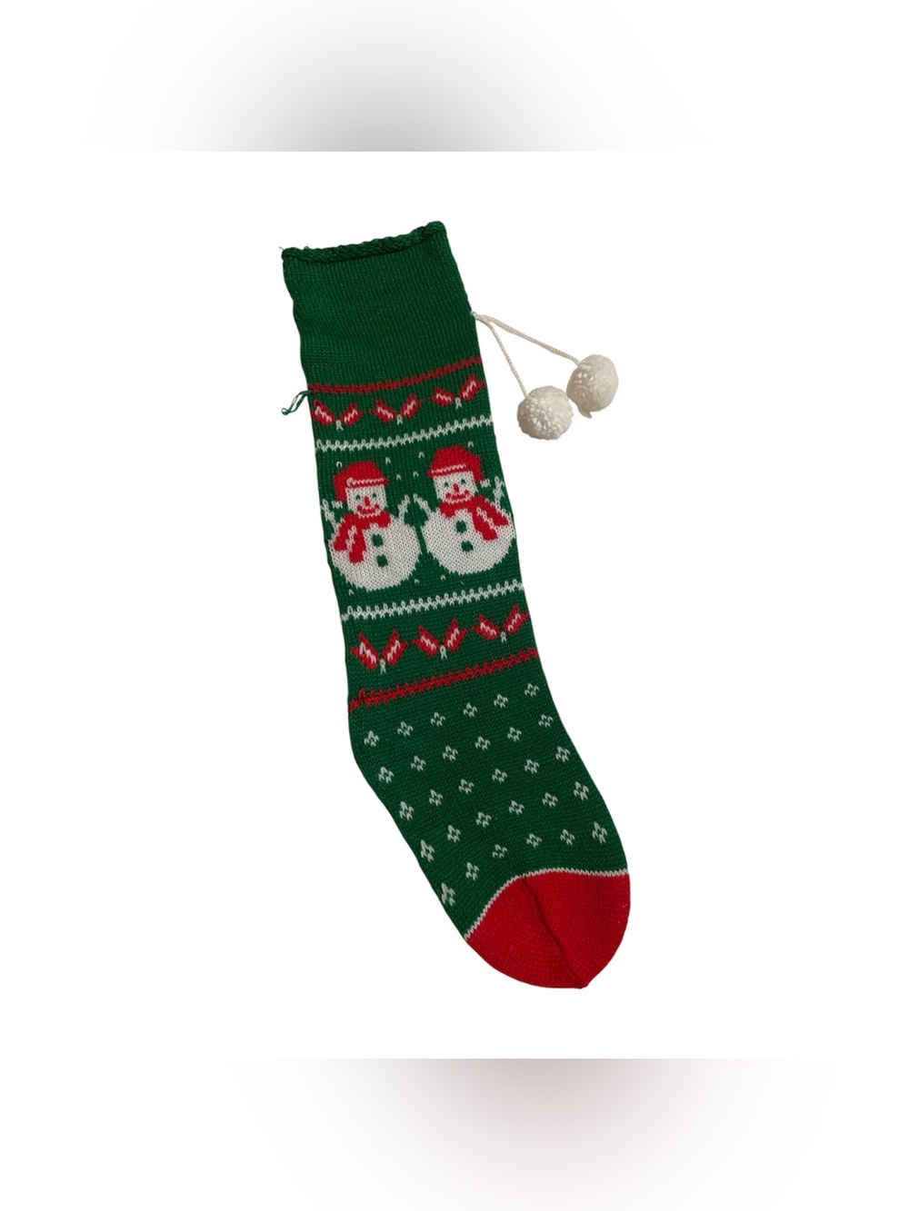 Vintage Knitted Snowman Christmas Stocking Green and Red 20 inches